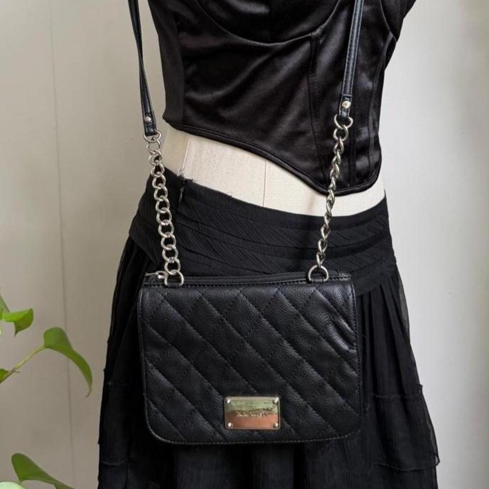 Nine West Black Quilted Faux Leather Crossbody Bag Silver Chain Strap Purse